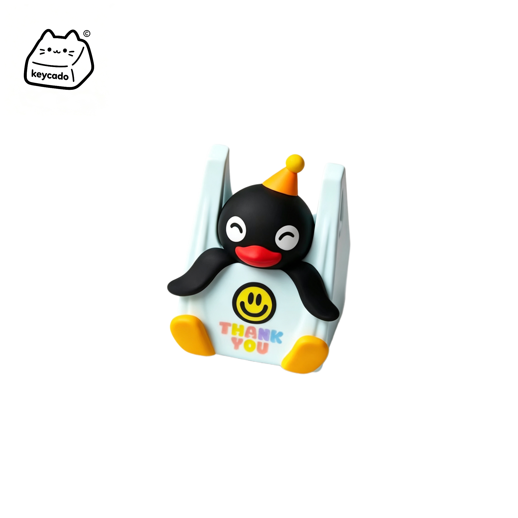 3D Sculpted Artisan Keycap, Pingu Wearing Shopping Bag Handmade Figure Keycap Compatible with All MX Mechanical Keyboard Switches - Image 1