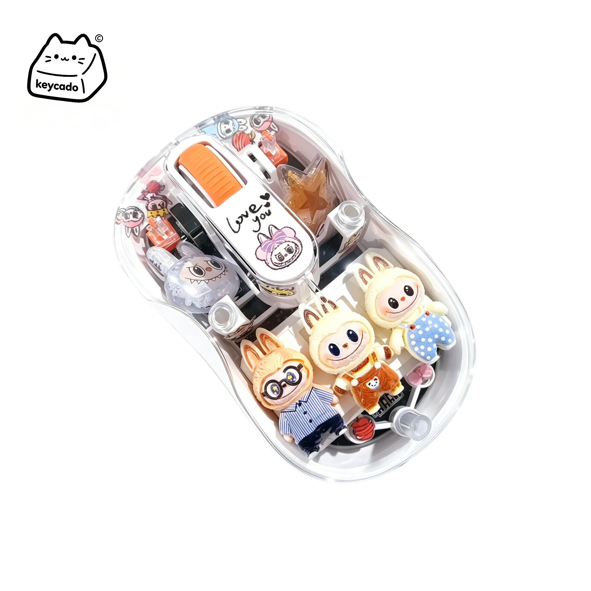 Handmade Custom Labubu Transparent Shell Dual-Mode Wireless Mouse(white) - Image 1