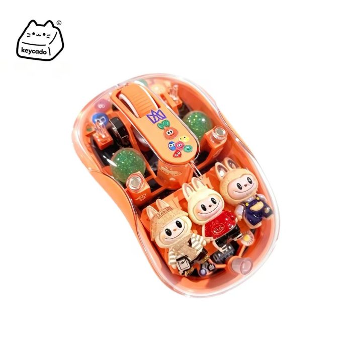 Handmade Custom Labubu Transparent Shell Dual-Mode Wireless Mouse（orange)